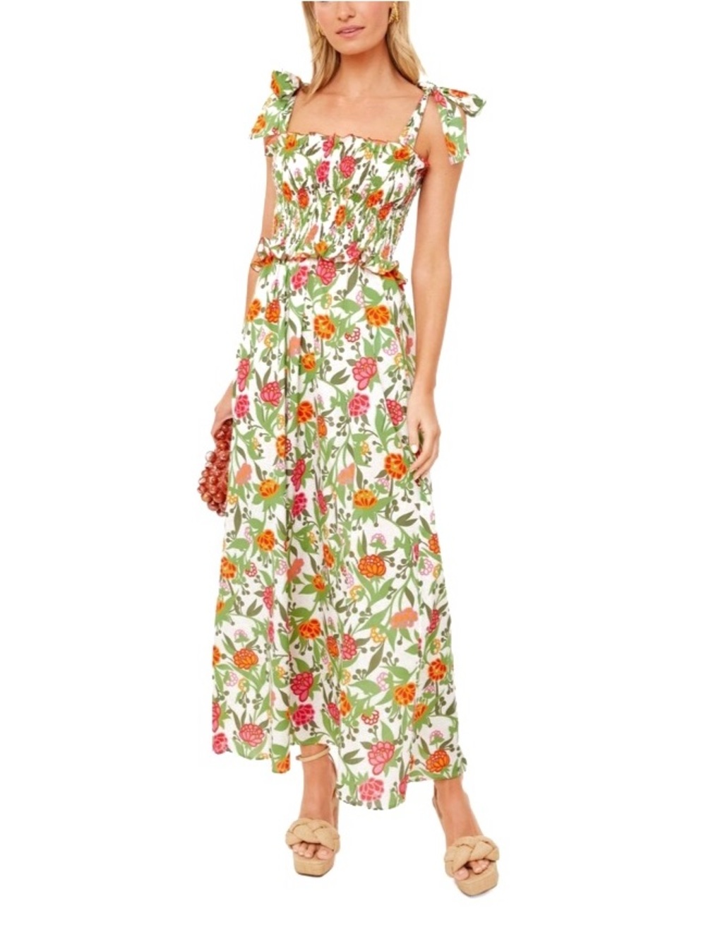 NWT LORETTA CAPONI Andrea Maxi Dress Floral Cotton Ribbon Tie Strap Smock XL New
